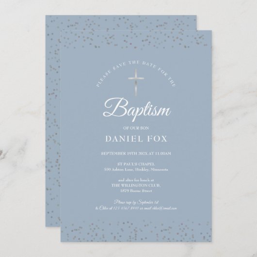 Silver Stardust Taufe Christening Dusty Blue Save The Date (Vorne/Hinten)