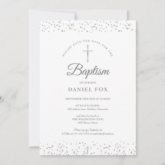 Silver Stardust Taufe Christening Save The Date (Vorderseite)