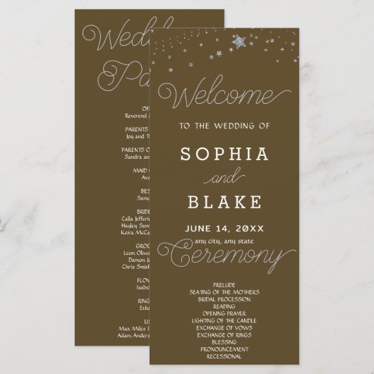 Silver Stars Celestial Dark Brown Wedding Program (Vorne/Hinten)