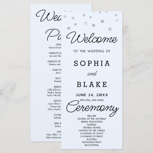 Silver Stars Celestial Light Blue Wedding Program (Vorne/Hinten)