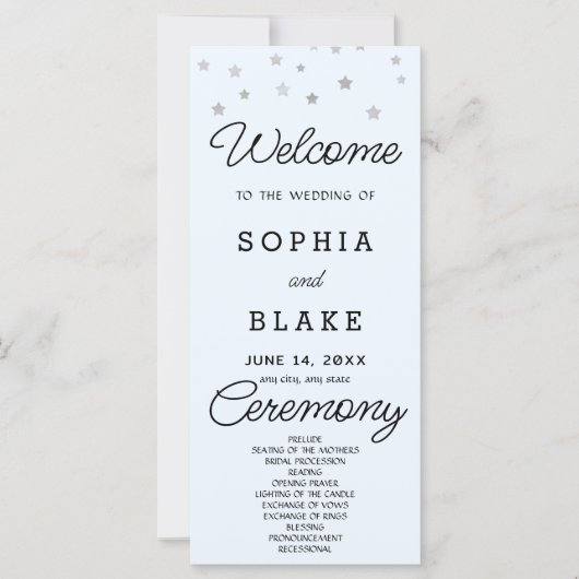 Silver Stars Celestial Light Blue Wedding Program (Vorderseite)