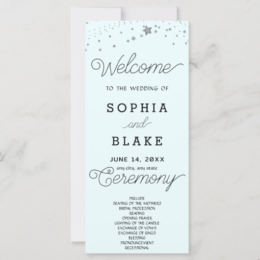 Silver Stars Celestial Light Blue Wedding Program (Vorderseite)