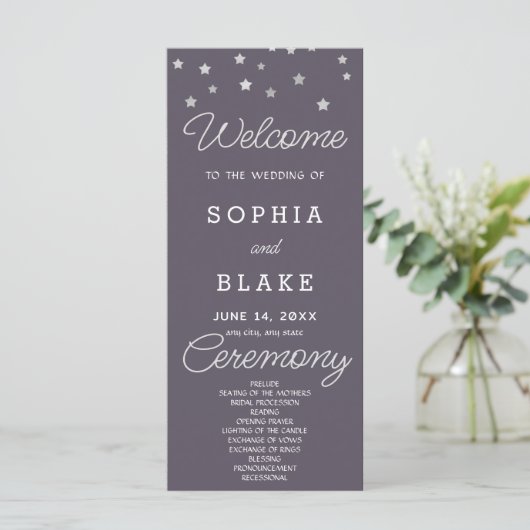 Silver Stars Celestial Smoke Gray Wedding Program (Stehend Vorderseite)