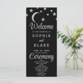 Silver Stars Crescent Moon Black Wedding Programm (Stehend Vorderseite)