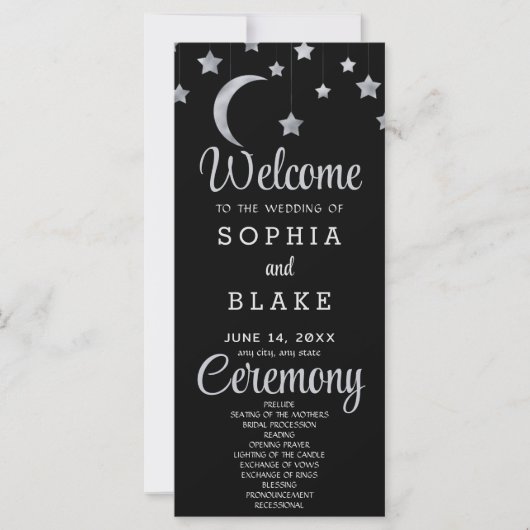 Silver Stars Crescent Moon Black Wedding Programm (Vorderseite)