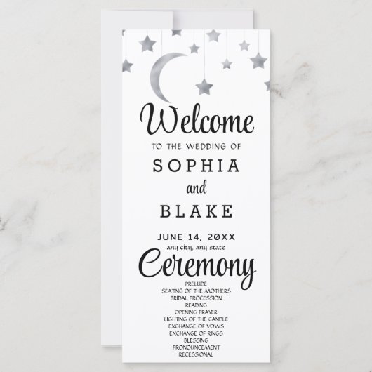 Silver Stars Crescent Moon White Wedding Programm (Vorderseite)