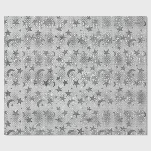 Silver Stars Moon Celestial Sky Sequin Gray VIP Geschenkpapier (Flach)