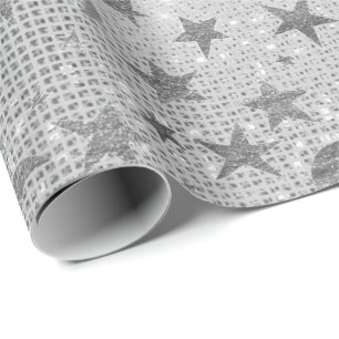 Silver Stars Moon Celestial Sky Sequin Gray VIP Geschenkpapier