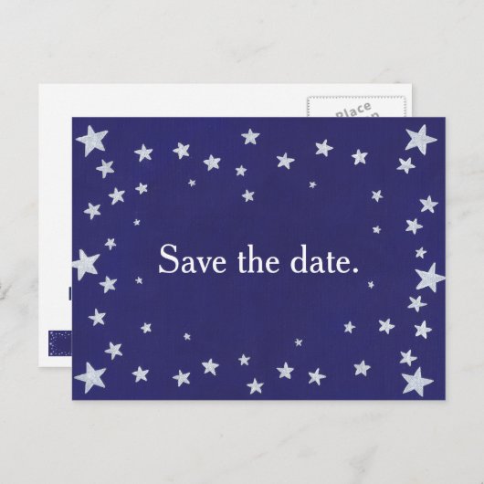 Silver Stars Navy Blue Save the Date Postcard Ankündigungspostkarte (Vorne/Hinten)