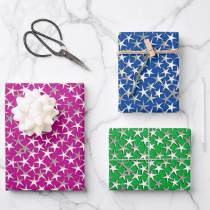 Silver Stars on , Lila, Cobalt Blue und Emerald Geschenkpapier Set