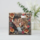 Silver Steampunk Metal Blume Hochzeit Einladung (Stehend Vorderseite)