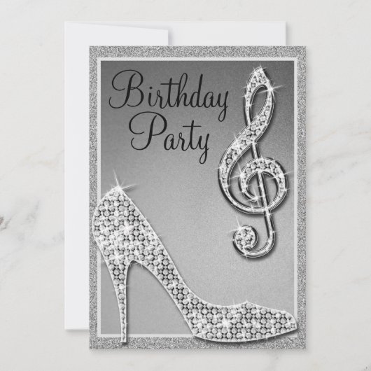 Silver Stiletto & Treble Clef Geburtstag Einladung (Vorderseite)