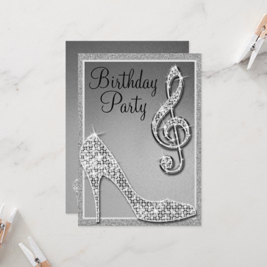 Silver Stiletto & Treble Clef Geburtstag Einladung (Vorderseite/Rückseite Beispiel)