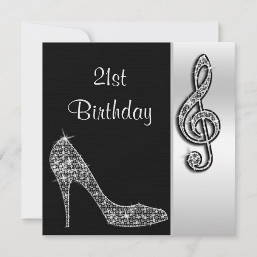 Silver Stiletto & Treble Cleft 21. Geburtstag Einladung (Vorderseite)