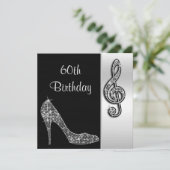 Silver Stiletto & Treble Cleft 60. Geburtstag Einladung (Stehend Vorderseite)