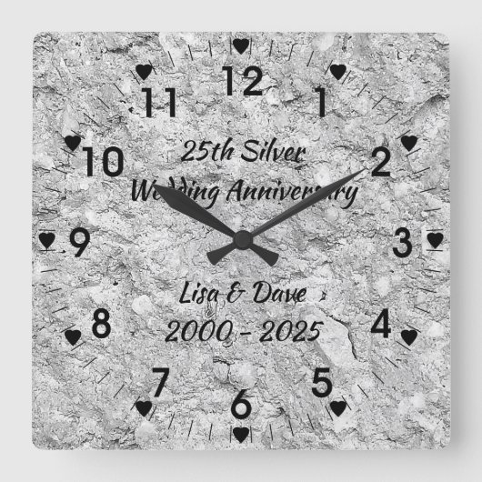 Silver Stone 25th Silver Wedding Anniversary Quadratische Wanduhr (Vorderseite)
