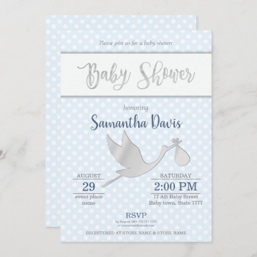 Silver Stork Baby Boy Babydusche Einladung (Vorne/Hinten)