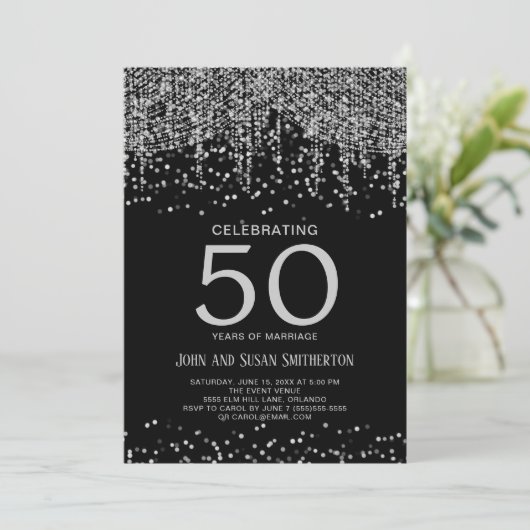 Silver String Light Glitzer Black 50 Jahre alt Einladung (Stehend Vorderseite)