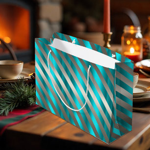 Silver Strip Aqua Moderne Weihnachten Große Geschenktüte
