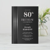 Silver Striped Black Grey 80th Birthday Party Einladung (Stehend Vorderseite)