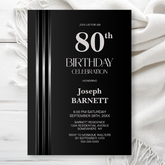 Silver Striped Black Grey 80th Birthday Party Einladung