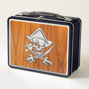Silver Style Pirate on Teak Veneer Metall Brotdose