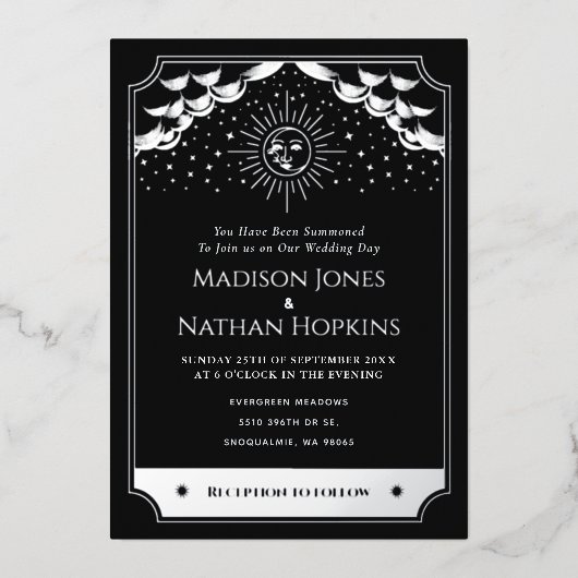 Silver Sun Moon Tarot Hochzeitsdetails Einladung (Vorderseite)