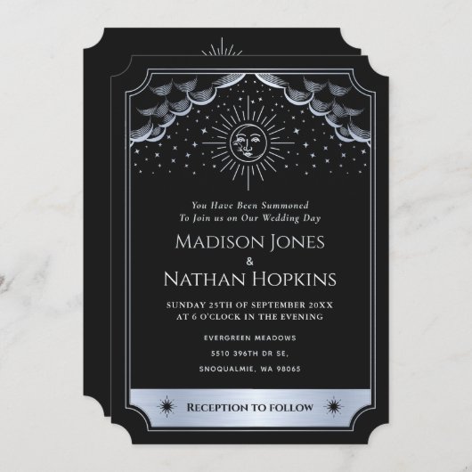 Silver Sun Moon Tarot Wedding QR Code Einladung (Vorne/Hinten)