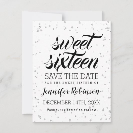 Silver Sweet16 Rett Date Glitzer Sparkle Confetti Save The Date (Vorderseite)