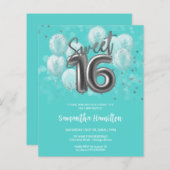 Silver Sweet 16 Balloons Aquamarin Budge Einladung (Vorne/Hinten)