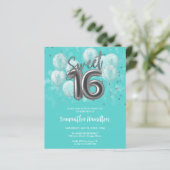 Silver Sweet 16 Balloons Aquamarin Budge Einladung (Stehend Vorderseite)