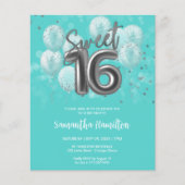 Silver Sweet 16 Balloons Aquamarin Budge Einladung (Vorderseite)