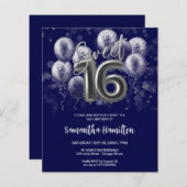 Silver Sweet 16 Balloons Blue Budge Einladung (Vorne/Hinten)