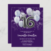 Silver Sweet 16 Balloons Lila Budge Einladung (Vorne/Hinten)