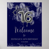 Silver Sweet 16 Balloons Royal Blue Begrüßungszeic Poster (Vorne)