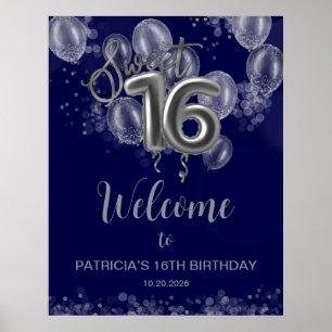 Silver Sweet 16 Balloons Royal Blue Begrüßungszeic Poster