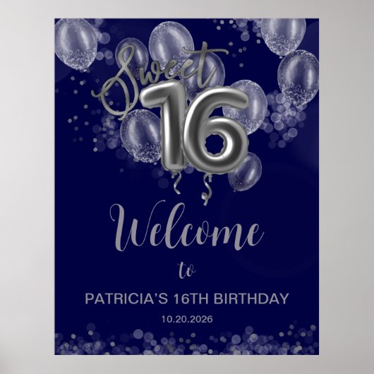 Silver Sweet 16 Balloons Royal Blue Begrüßungszeic Poster (Vorne)