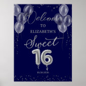 Silver Sweet 16 Balloons Royal Blue Begrüßungszeic Poster (Vorne)