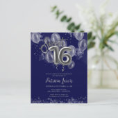 Silver Sweet 16 Bday Balloons Budget Einladungen (Stehend Vorderseite)