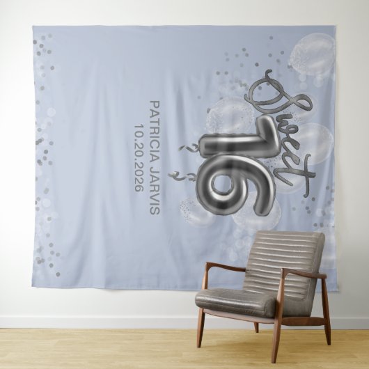 Silver Sweet 16 Bday Balloons Dusty Blue Backdrops Wandteppich (Beispiel (Horizontal))