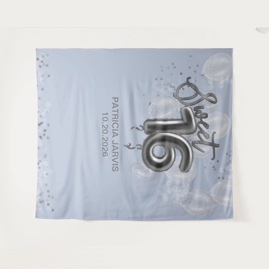 Silver Sweet 16 Bday Balloons Dusty Blue Backdrops Wandteppich (Vorderseite (Horizontal))