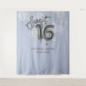 Silver Sweet 16 Bday Balloons Dusty Blue Backdrops Wandteppich (Vorderseite)