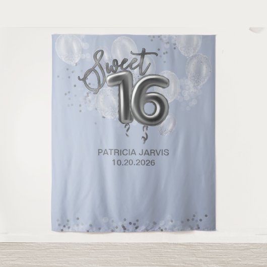 Silver Sweet 16 Bday Balloons Dusty Blue Backdrops Wandteppich (Vorderseite)