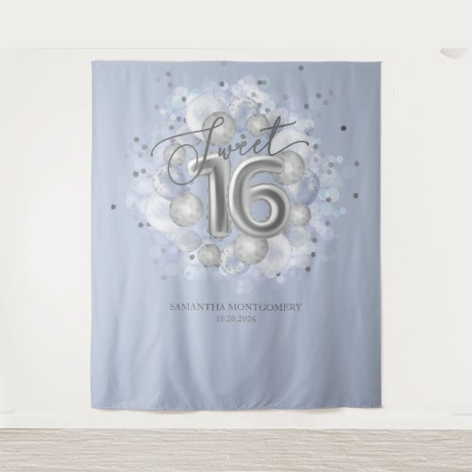 Silver Sweet 16 Bday Balloons Dusty Blue Hintergru Wandteppich (Vorderseite)
