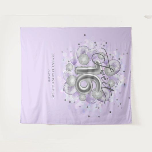 Silver Sweet 16 Bday Balloons Lavendel Hintergrund Wandteppich (Vorderseite (Horizontal))