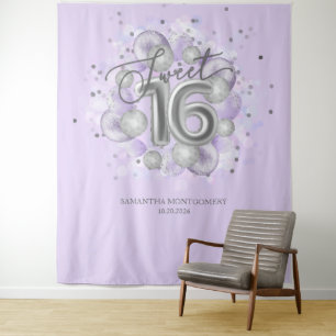 Silver Sweet 16 Bday Balloons Lavendel Hintergrund Wandteppich
