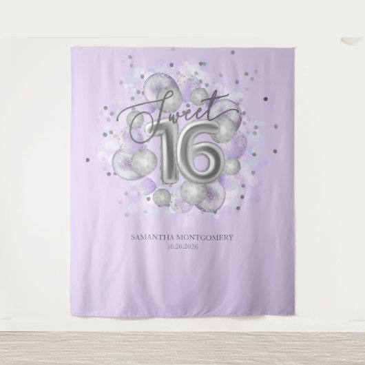 Silver Sweet 16 Bday Balloons Lavendel Hintergrund Wandteppich (Vorderseite)