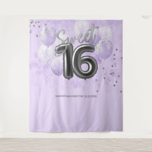 Silver Sweet 16 Bday Balloons Lavendel Hintergrund Wandteppich (Vorderseite)