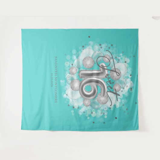 Silver Sweet 16 Bday Balloons Party Aquamarin Hint Wandteppich (Vorderseite (Horizontal))