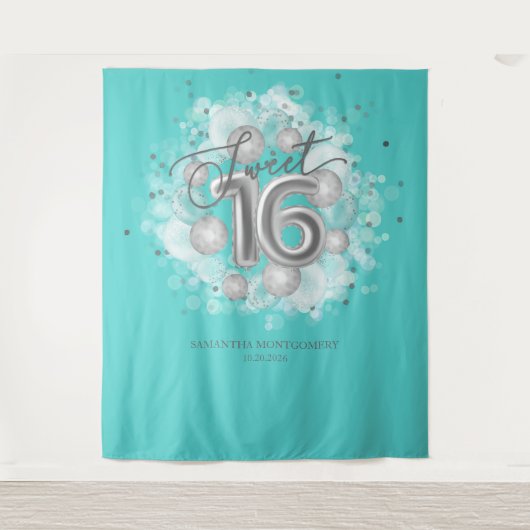 Silver Sweet 16 Bday Balloons Party Aquamarin Hint Wandteppich (Vorderseite)